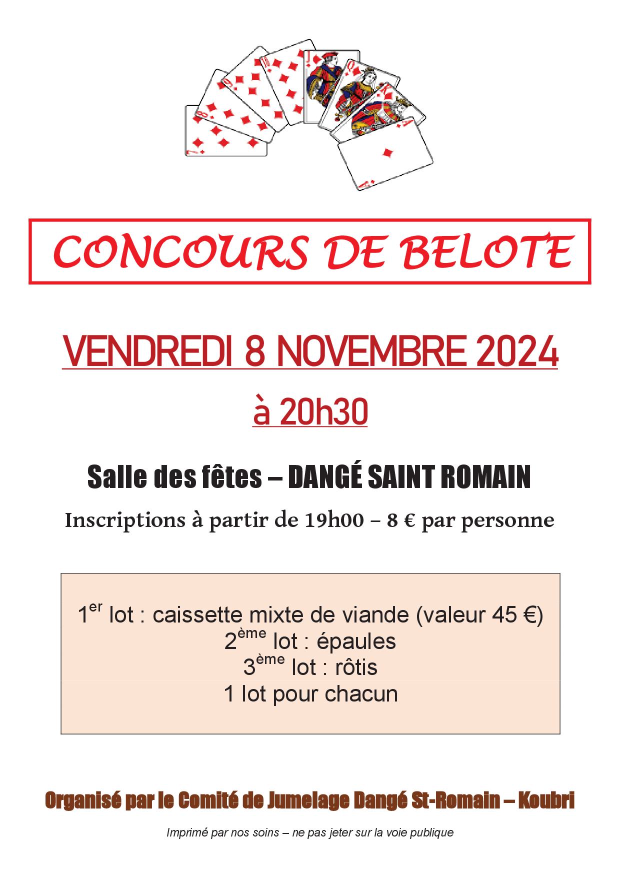 CONCOURS DE BELOTE - LE 08/11 - COMITÉ DE JUMELAGE DE KOUBRI @ SALLE DES FÊTES