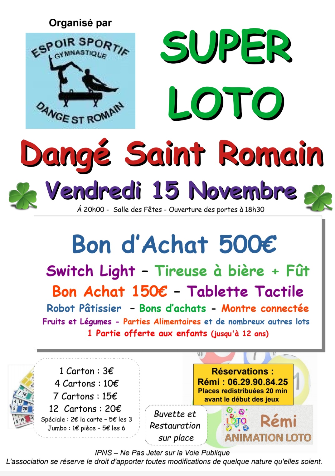 LOTO DU 15/11 - ESPOIR SPORTIF GYMNASTIQUE @ SALLE DES FÊTES