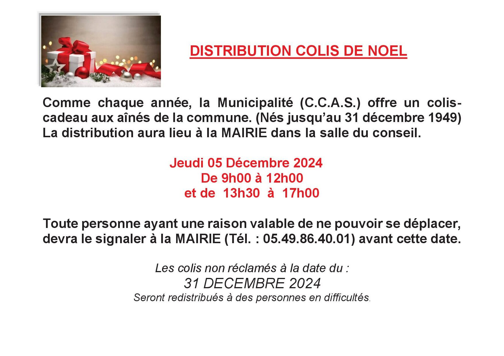 DISTRIBUTION DU COLIS DE NOËL - LE 05/12 @ SALLE DU CONSEIL